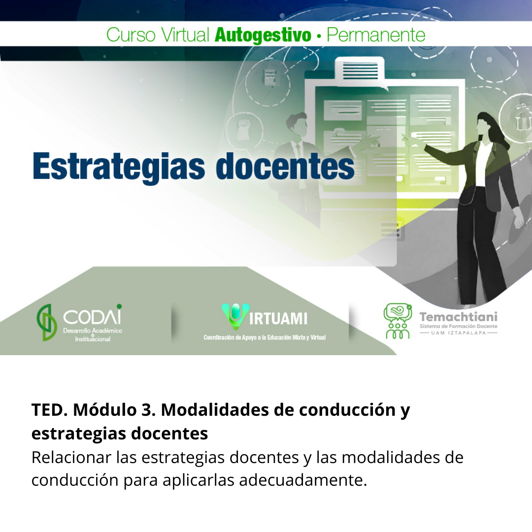 TED. Módulo 3. Modalidades de conducción y estrategias docentes
Relacionar las estrategias docentes y las modalidades de cond